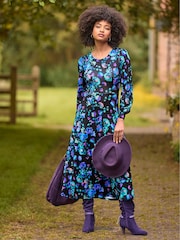 Joe Browns Blue Floral Midi Jersey Dress with Elasticated Cuffs - Image 1 of 7