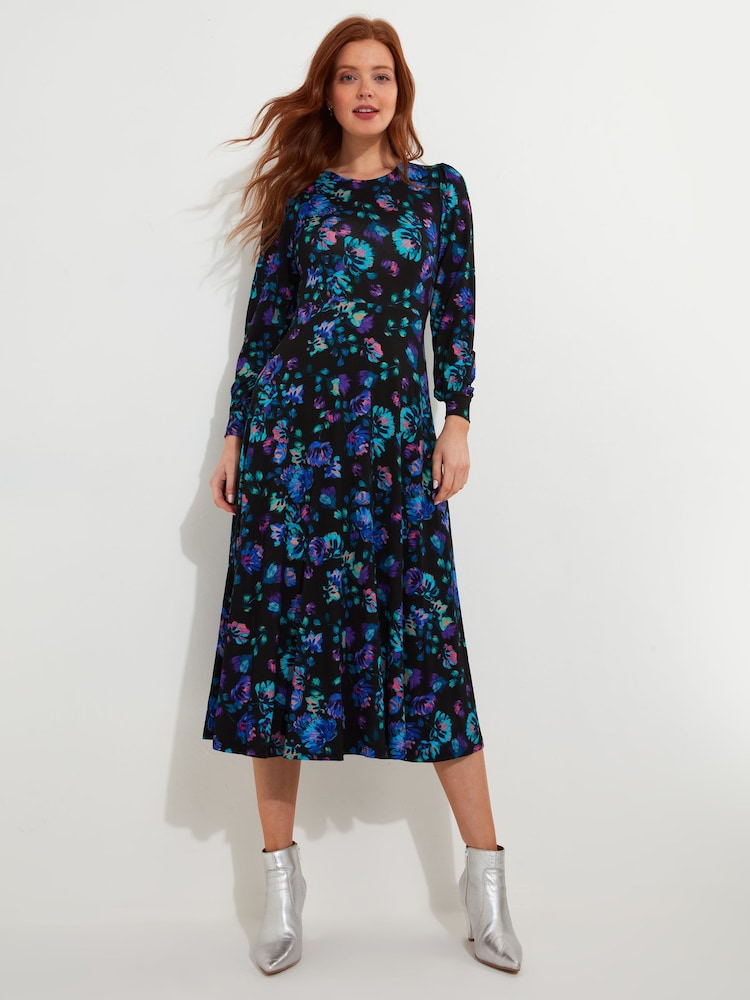 Joe Browns Blue Floral Midi Jersey Dress with Elasticated Cuffs - Image 2 of 7