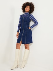 Joe Browns Blue Mini Retro Zip Front Stretch Denim Pinafore Dress - Image 2 of 6