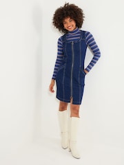Joe Browns Blue Mini Retro Zip Front Stretch Denim Pinafore Dress - Image 4 of 6