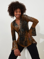 Joe Browns Brown Earthy Lace Overlay Fluted Sleeve Zip Front Top - Image 1 of 5