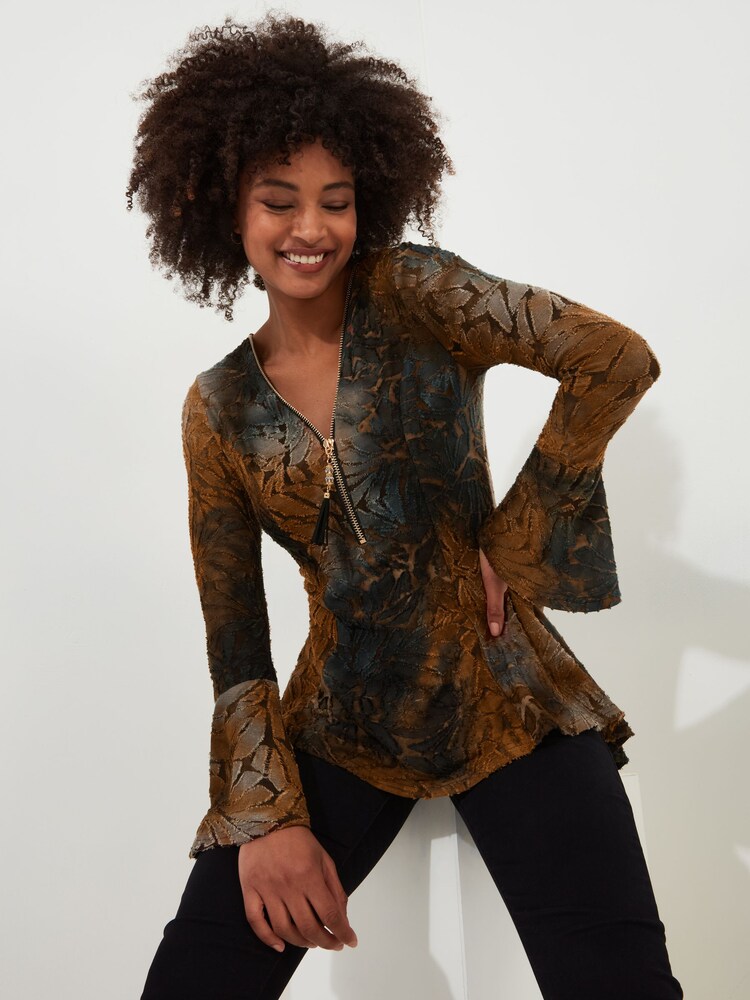 Joe Browns Brown Earthy Lace Overlay Fluted Sleeve Zip Front Top - Image 1 of 5