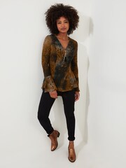 Joe Browns Brown Earthy Lace Overlay Fluted Sleeve Zip Front Top - Image 2 of 5