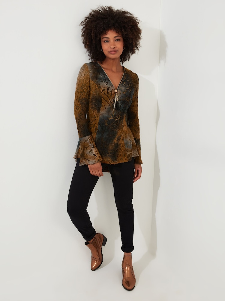 Joe Browns Brown Earthy Lace Overlay Fluted Sleeve Zip Front Top - Image 2 of 5