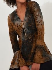 Joe Browns Brown Earthy Lace Overlay Fluted Sleeve Zip Front Top - Image 3 of 5