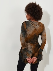 Joe Browns Brown Earthy Lace Overlay Fluted Sleeve Zip Front Top - Image 4 of 5