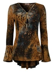 Joe Browns Brown Earthy Lace Overlay Fluted Sleeve Zip Front Top - Image 5 of 5