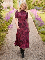Joe Browns Pink Vintage Lace Print Puff Sleeve High Neck Jersey Midi Dress - Image 1 of 6