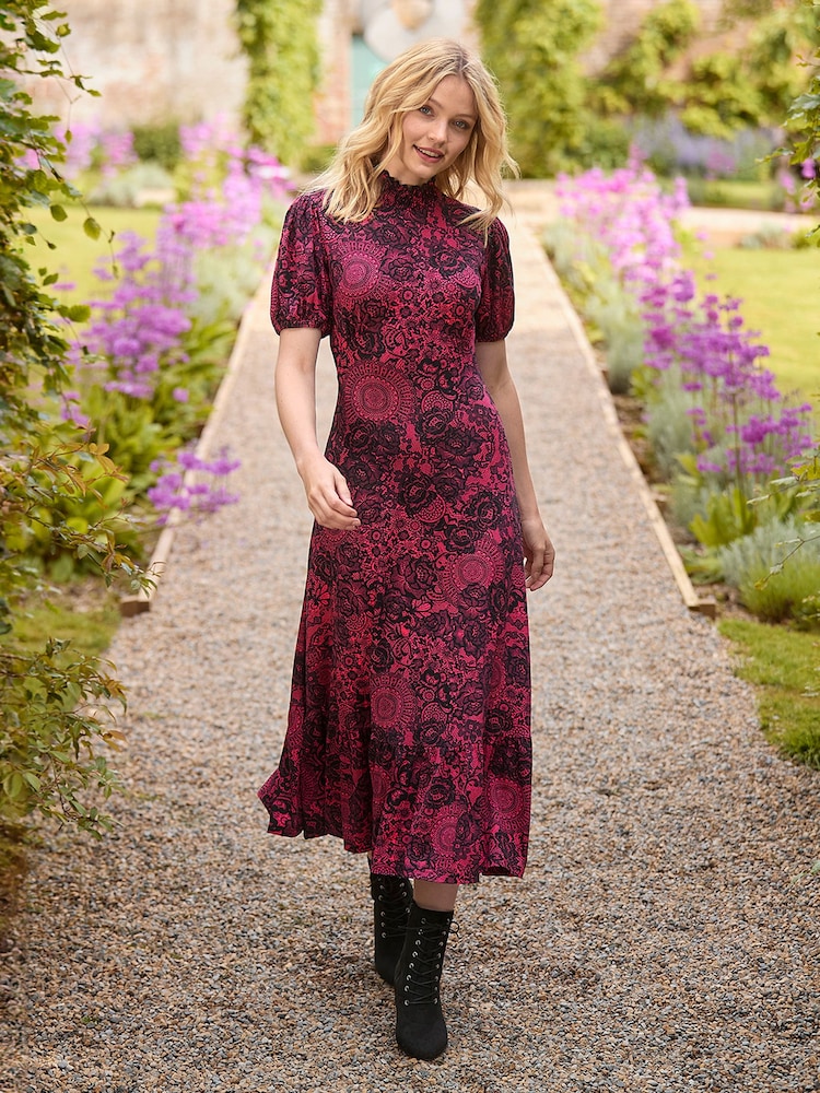 Joe Browns Pink Vintage Lace Print Puff Sleeve High Neck Jersey Midi Dress - Image 1 of 6