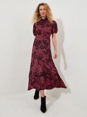 Joe Browns Pink Vintage Lace Print Puff Sleeve High Neck Jersey Midi Dress - Image 3 of 6