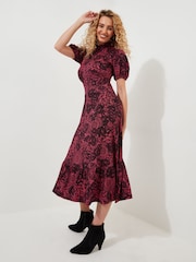 Joe Browns Pink Vintage Lace Print Puff Sleeve High Neck Jersey Midi Dress - Image 4 of 6