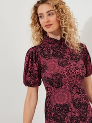 Joe Browns Pink Vintage Lace Print Puff Sleeve High Neck Jersey Midi Dress - Image 5 of 6