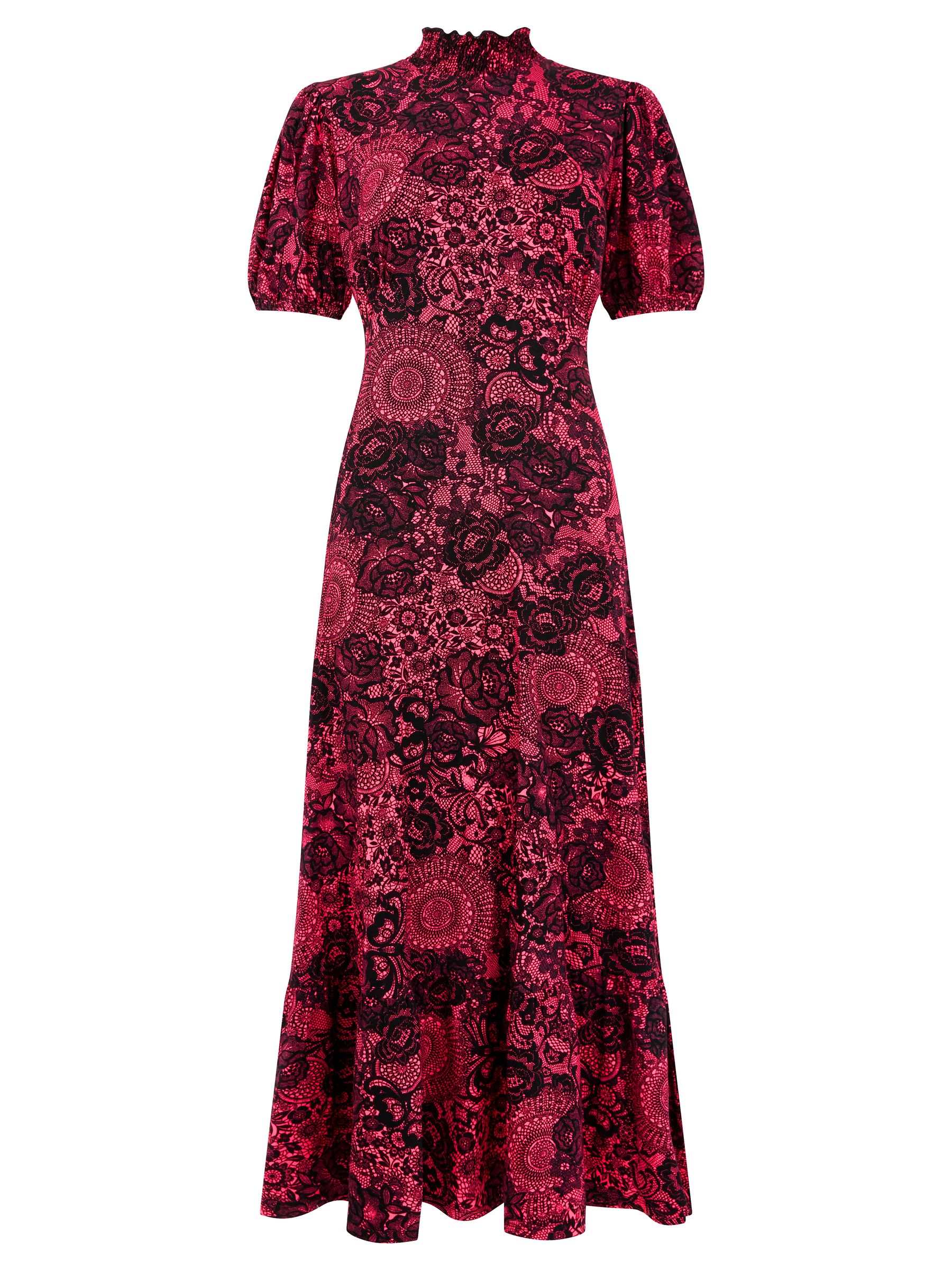 Buy Joe Browns Pink Vintage Lace Print Puff Sleeve High Neck Jersey Midi Dress from Next Ireland