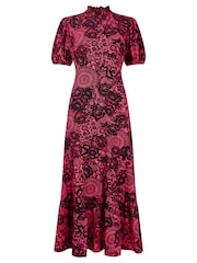 Joe Browns Pink Vintage Lace Print Puff Sleeve High Neck Jersey Midi Dress - Image 6 of 6