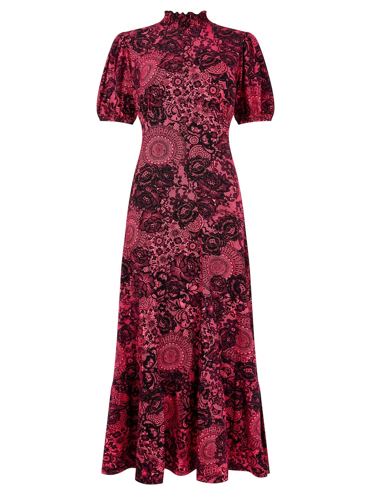 Joe Browns Pink Vintage Lace Print Puff Sleeve High Neck Jersey Midi Dress - Image 6 of 6