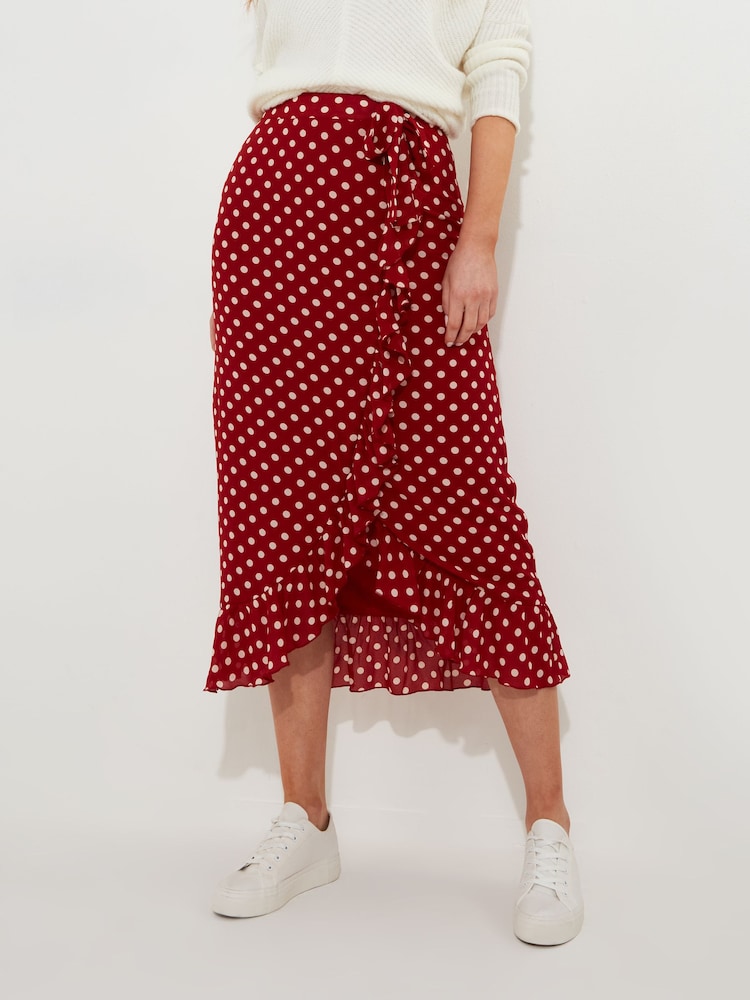 Joe Browns Red Retro Polka Dot Frill Wrap Style Maxi Skirt - Image 1 of 8