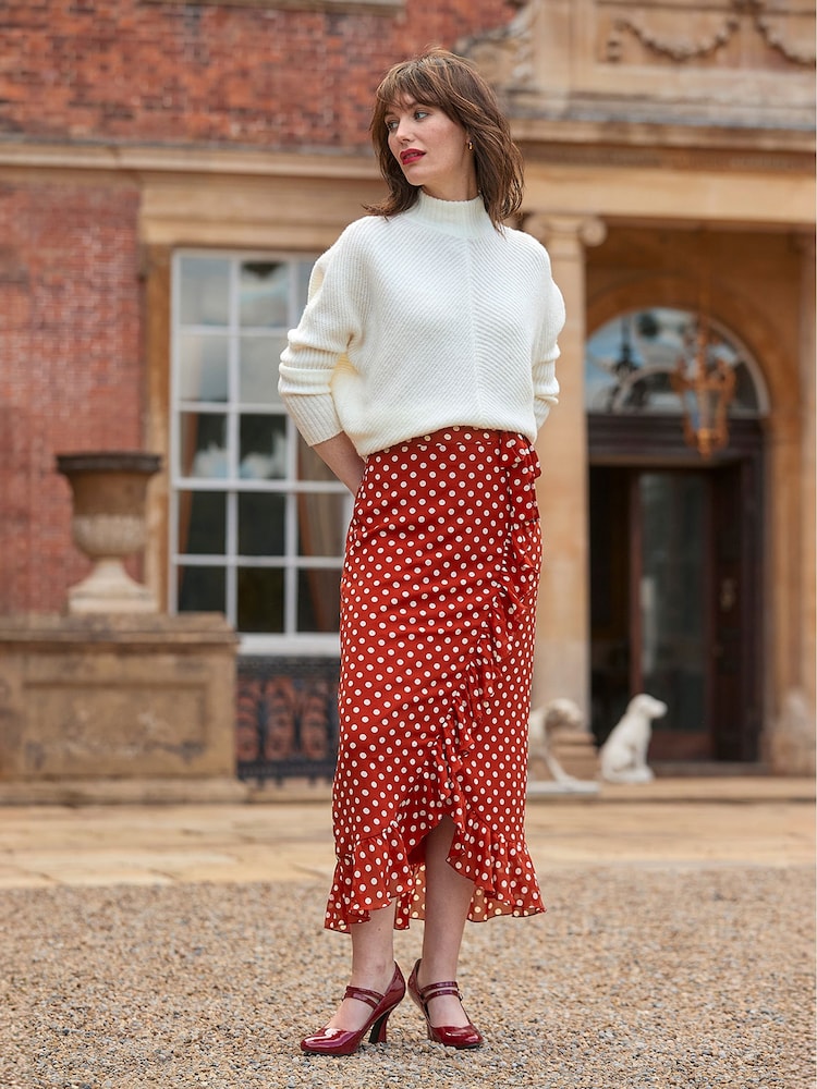 Joe Browns Red Retro Polka Dot Frill Wrap Style Maxi Skirt - Image 2 of 8