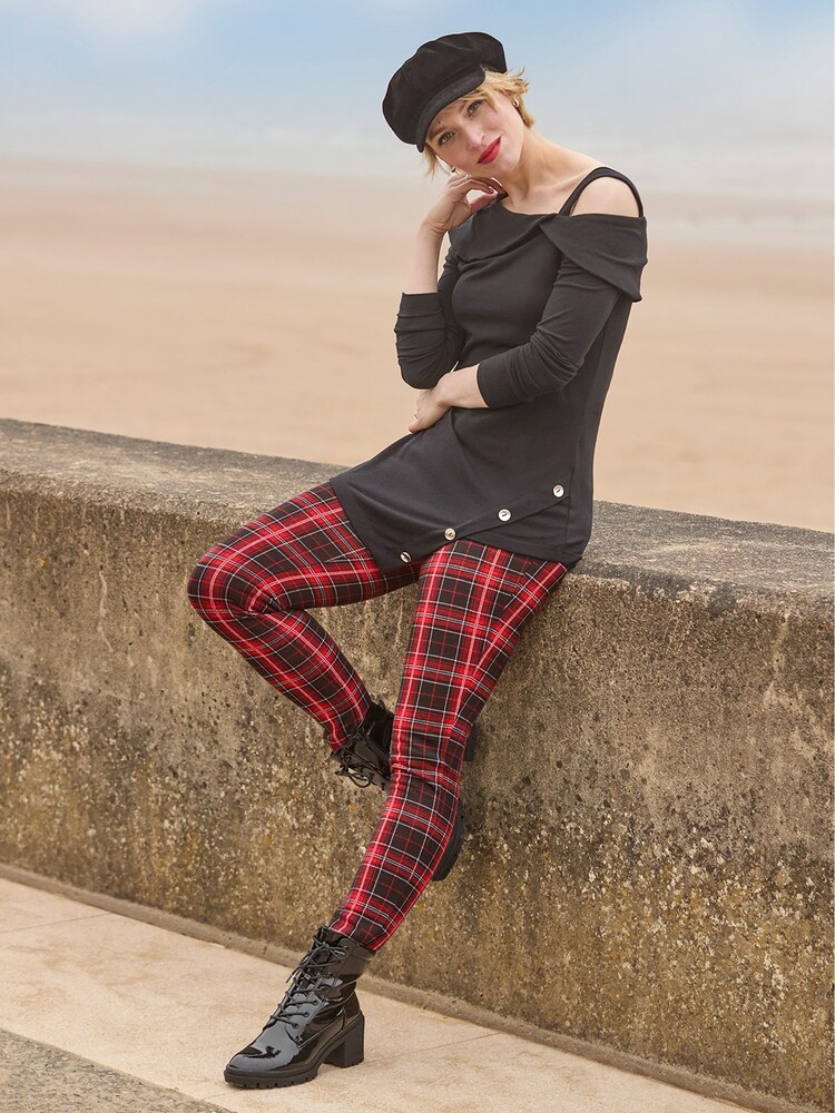 Joe Browns Red Tartan Check Zip Detail Skinny Trousers - Image 6 of 9