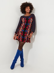 Joe Browns Black Contrast Print Long Sleeve Crinkle Mini Tunic Dress - Image 1 of 5