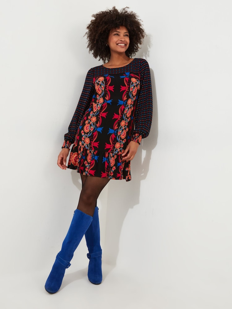 Joe Browns Black Contrast Print Long Sleeve Crinkle Mini Tunic Dress - Image 1 of 5