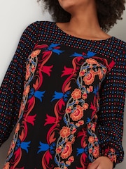 Joe Browns Black Contrast Print Long Sleeve Crinkle Mini Tunic Dress - Image 2 of 5