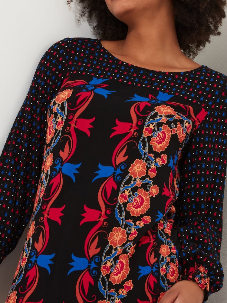 Joe Browns Black Contrast Print Long Sleeve Crinkle Mini Tunic Dress - Image 2 of 5