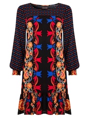 Joe Browns Black Contrast Print Long Sleeve Crinkle Mini Tunic Dress - Image 4 of 5