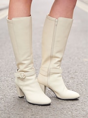 Joe Browns White Buckle Detail Leather Knee High Heeled Boots - Image 1 of 6
