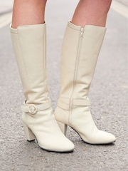 Joe Browns White Buckle Detail Leather Knee High Heeled Boots - Image 3 of 6