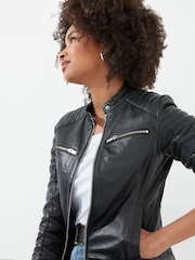 Joe Browns Black Classic Quilted Sleeve Leather Biker Jacket - Image 5 of 6
