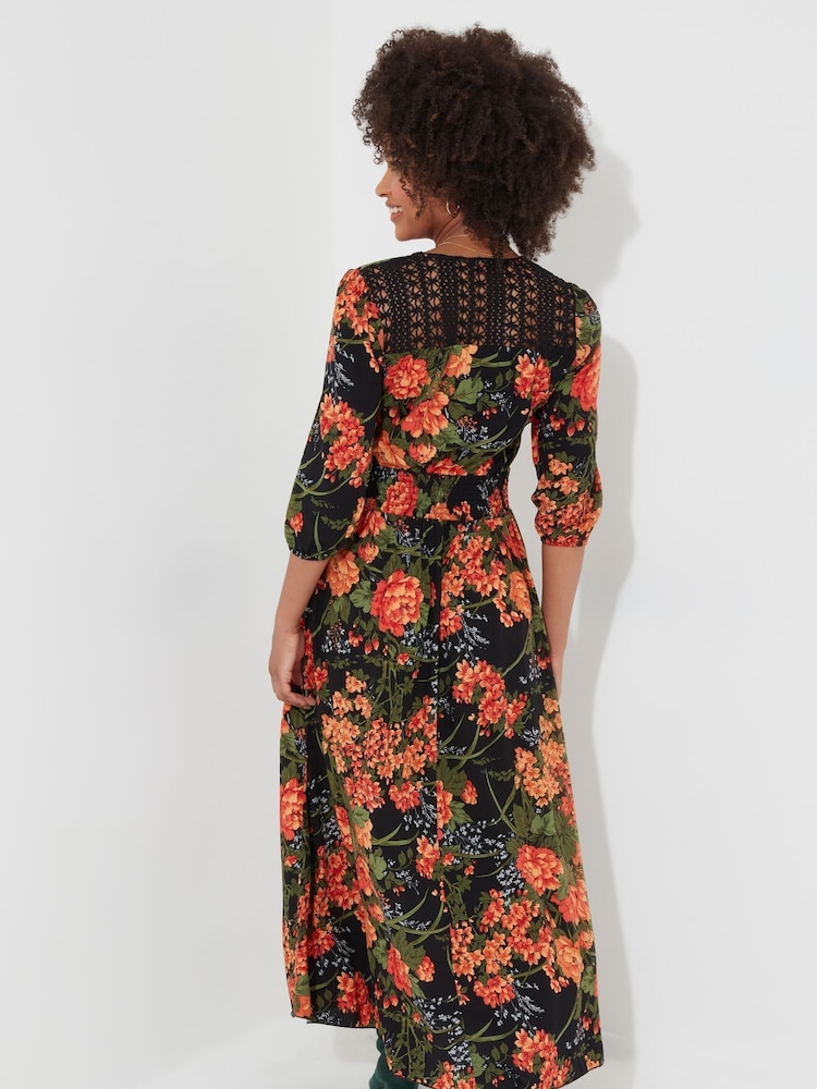 Joe Browns Black/Orange Floral Print Lace Back Maxi Dress - Image 2 of 7 Joe Browns Black/Orange Floral Print Lace Back Maxi Dress - Image 2 of 7