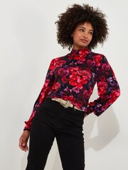 Joe Browns Red Floral Print Funnel Neck Balloon Sleeve Jersey Top - Image 3 of 6