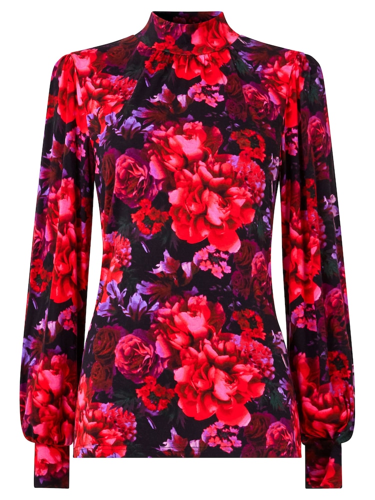 Joe Browns Red Floral Print Funnel Neck Balloon Sleeve Jersey Top - Image 6 of 6