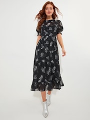 Joe Browns Black Floral Print Puff Sleeve Sheer Midi Dress with Cami - Image 1 of 5