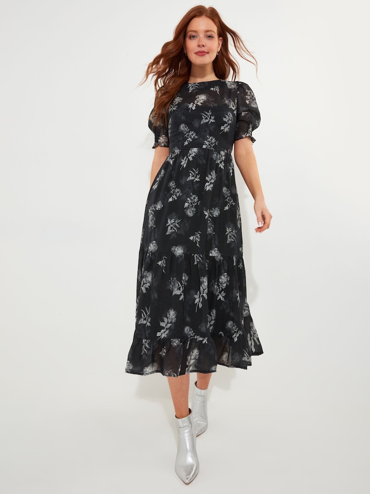 Joe Browns Black Floral Print Puff Sleeve Sheer Midi Dress with Cami - Image 1 of 5