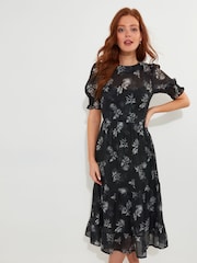 Joe Browns Black Floral Print Puff Sleeve Sheer Midi Dress with Cami - Image 2 of 5