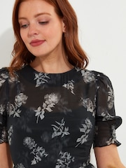 Joe Browns Black Floral Print Puff Sleeve Sheer Midi Dress with Cami - Image 3 of 5