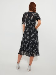 Joe Browns Black Floral Print Puff Sleeve Sheer Midi Dress with Cami - Image 4 of 5