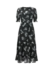 Joe Browns Black Floral Print Puff Sleeve Sheer Midi Dress with Cami - Image 5 of 5