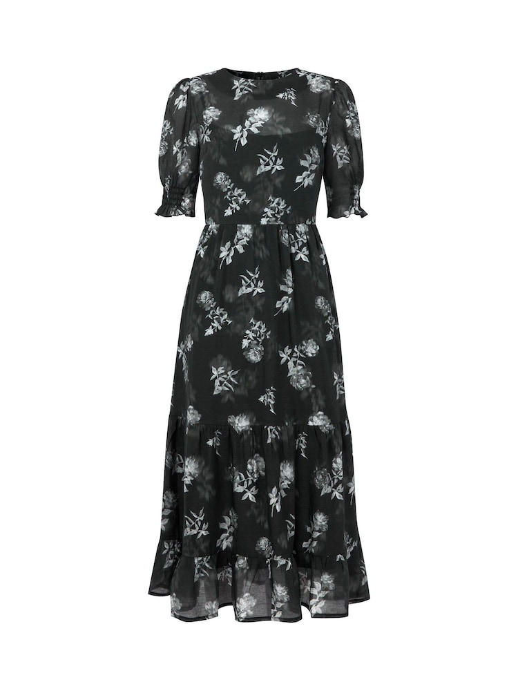 Joe Browns Black Floral Print Puff Sleeve Sheer Midi Dress with Cami - Image 5 of 5