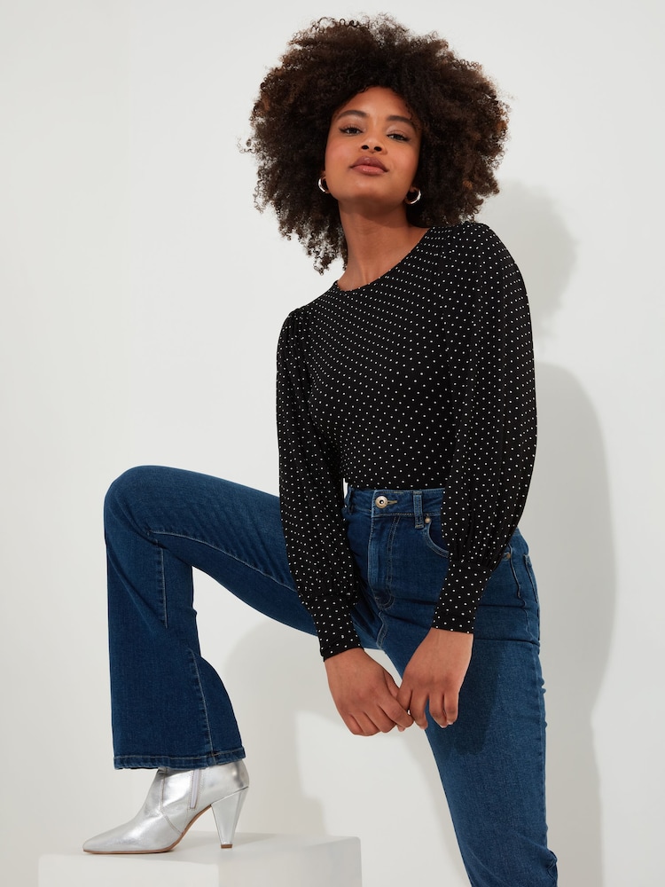 Joe Browns Black Slim Fit Polka Dot Balloon Sleeve Jersey Top - Image 1 of 5 Joe Browns Black Slim Fit Polka Dot Balloon Sleeve Jersey Top - Image 1 of 5