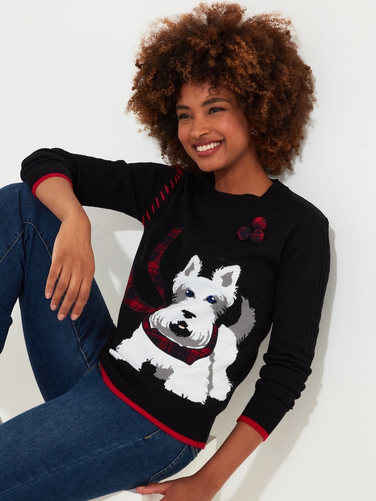 Joe Browns Black Tartan Scottie Dog Fine Knit Jumper - Image 1 of 5