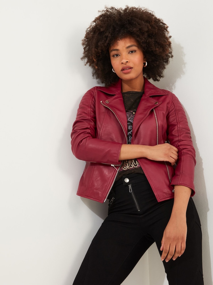 Joe Browns Pink Raspberry Asymmetric Zip Stitch Detail Leather Biker Jacket - Image 1 of 6 Joe Browns Pink Raspberry Asymmetric Zip Stitch Detail Leather Biker Jacket - Image 1 of 6