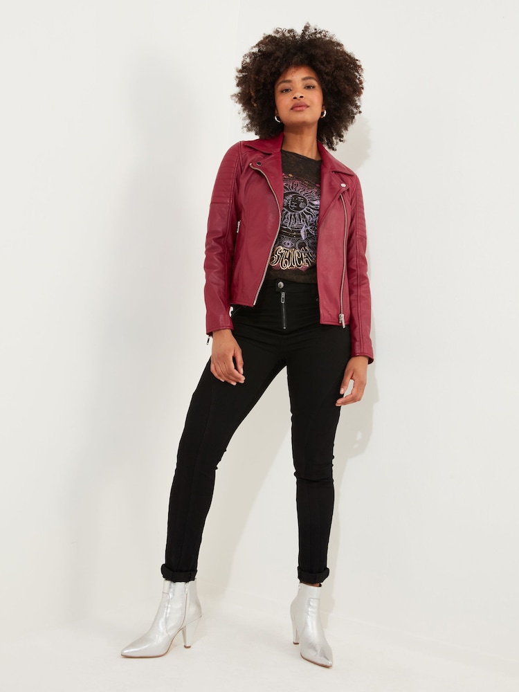 Joe Browns Pink Raspberry Asymmetric Zip Stitch Detail Leather Biker Jacket - Image 2 of 6 Joe Browns Pink Raspberry Asymmetric Zip Stitch Detail Leather Biker Jacket - Image 2 of 6