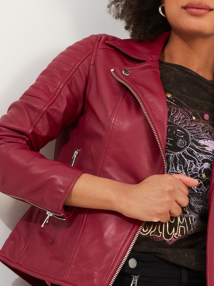Joe Browns Pink Raspberry Asymmetric Zip Stitch Detail Leather Biker Jacket - Image 3 of 6