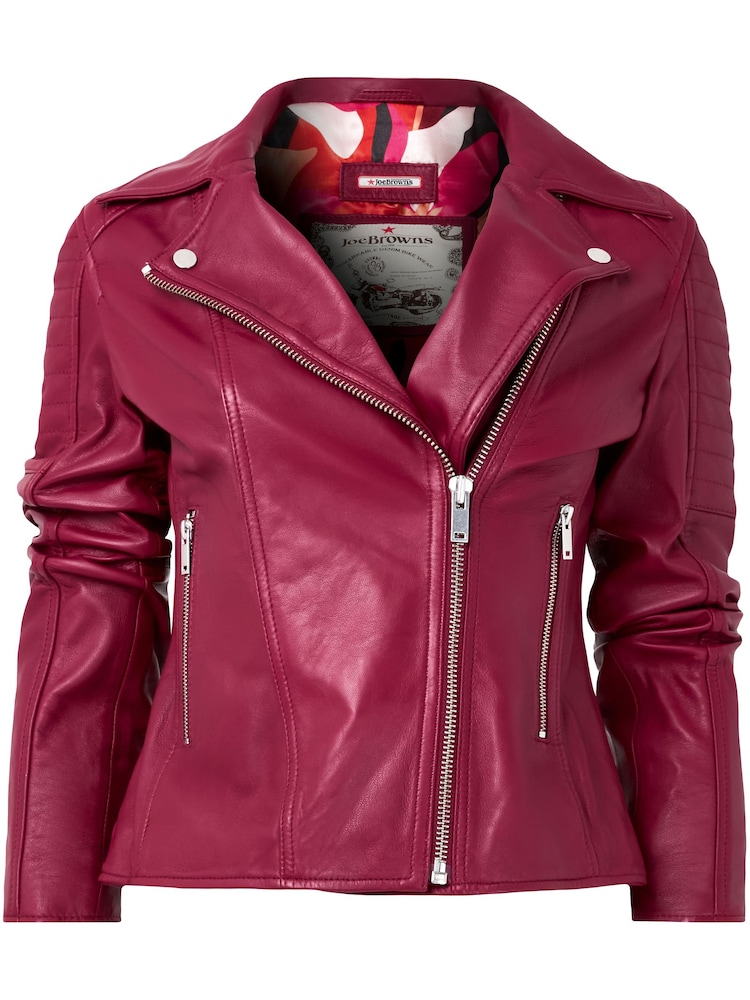 Joe Browns Pink Raspberry Asymmetric Zip Stitch Detail Leather Biker Jacket - Image 5 of 6