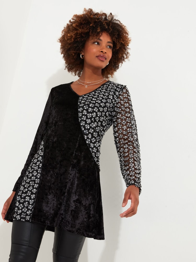 Joe Browns Black Velour and Mesh Textured Jersey Tunic Dress - Image 1 of 6