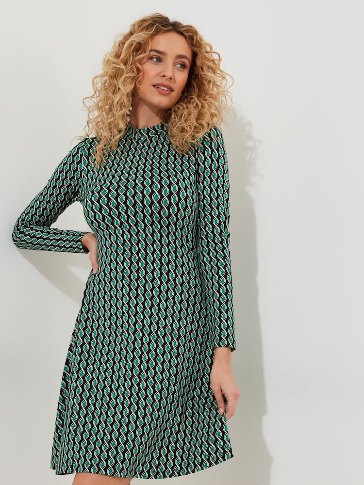 Joe Browns Green Geometric Print High Neck Jersey Mini Dress - Image 1 of 5
