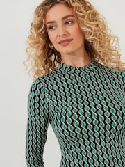 Joe Browns Green Geometric Print High Neck Jersey Mini Dress - Image 4 of 5