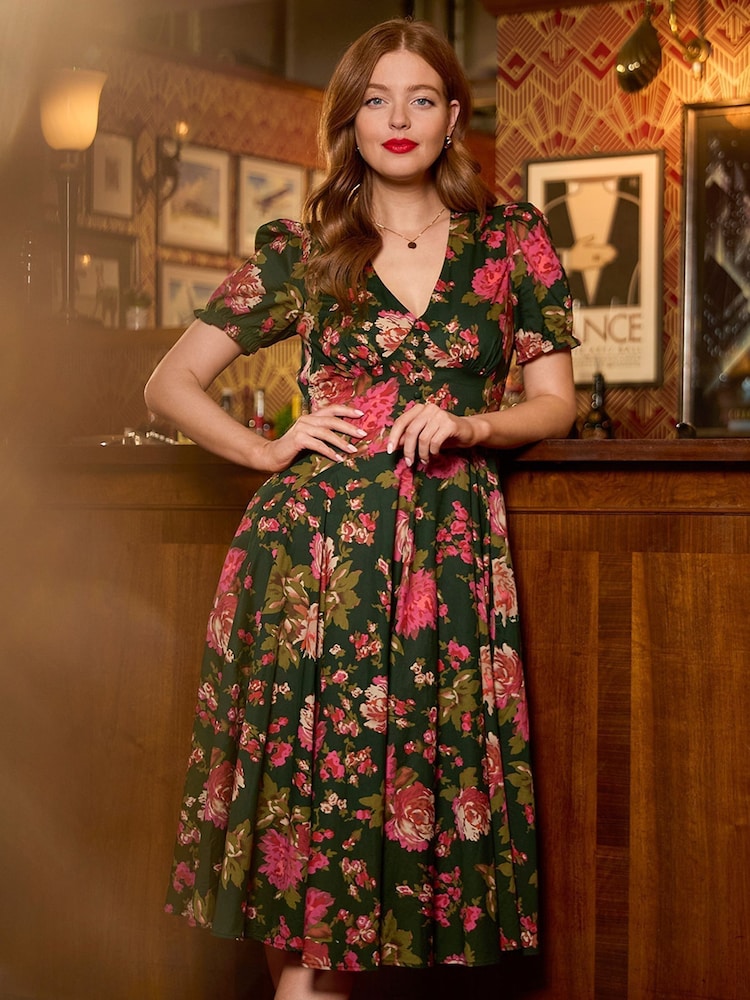 Joe Browns Green Vintage Floral V-Neck Puff Sleeve Midi 100% Cotton Dress - Image 1 of 7